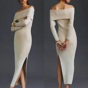 Anthropologie Maxi Ribbed Bodycon Dress Off The Shoulder Beige Sweater XS Boho